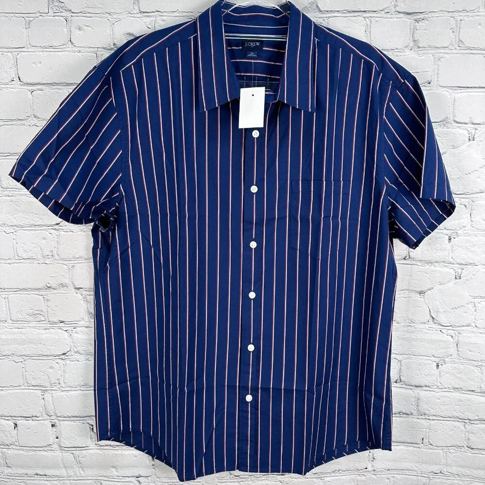 J.Crew Men's Double Striped Dobby Short‎ Sleeve Short, Size XL, Navy/White/Red